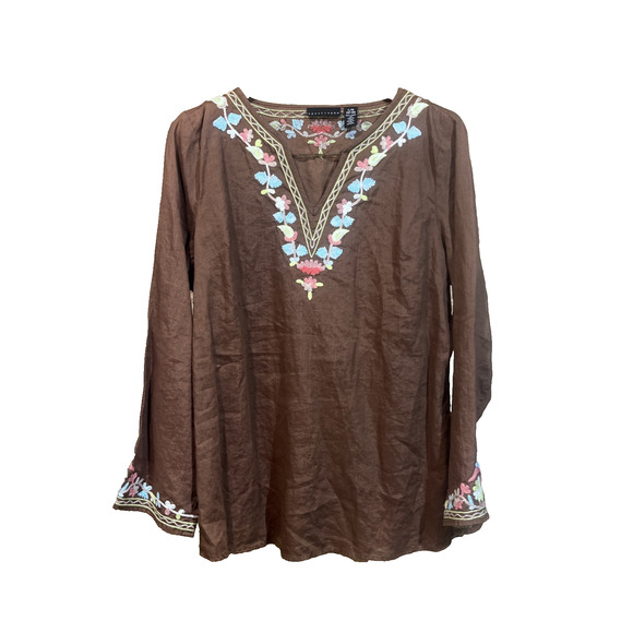 Apostrophe Linen Embroidered Tunic Blouse Women’s Size 12-14 Chocolate Brown - Picture 1 of 10